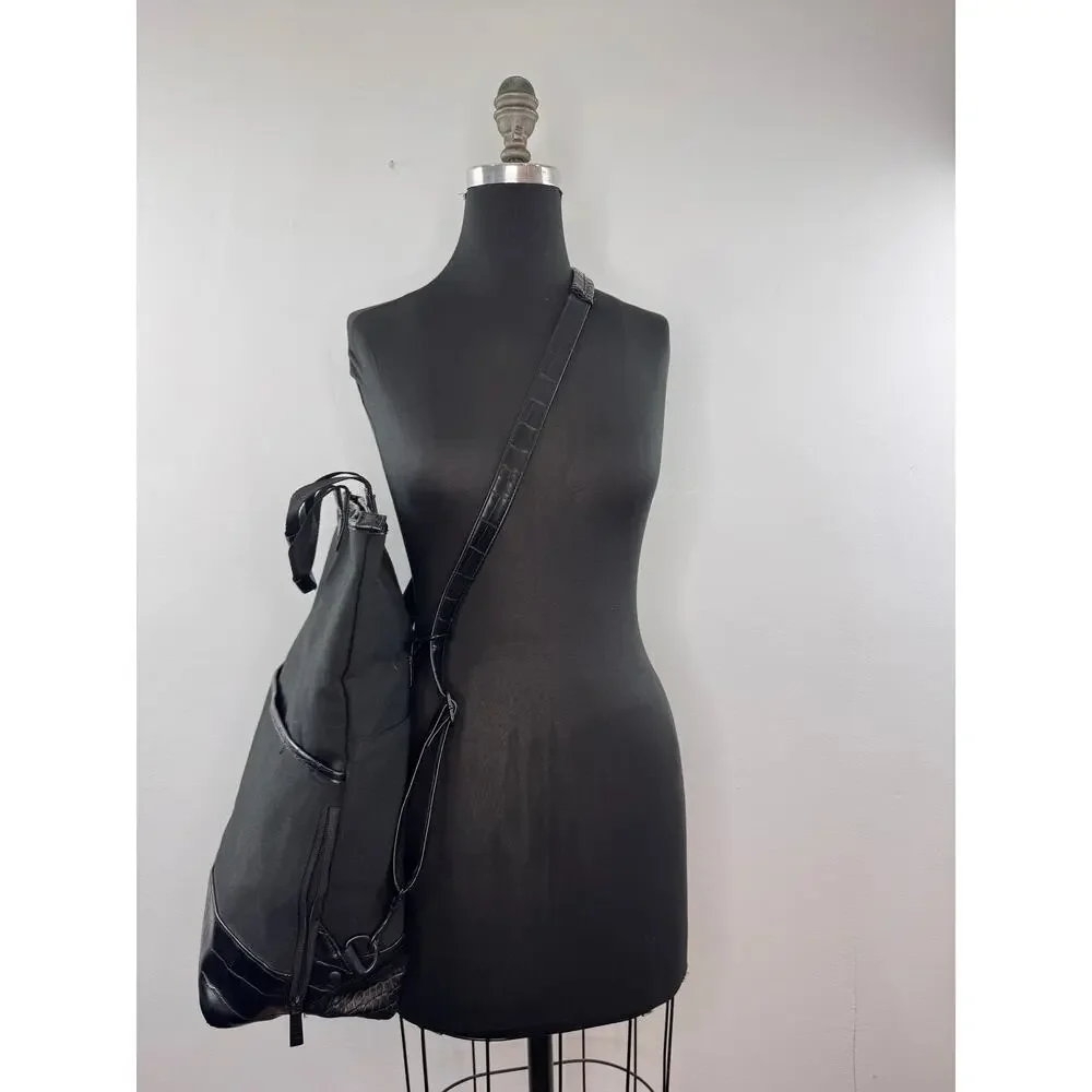 Beis Black Convertible Backpack Croc Embossed Leather Crossbody Travel Bag